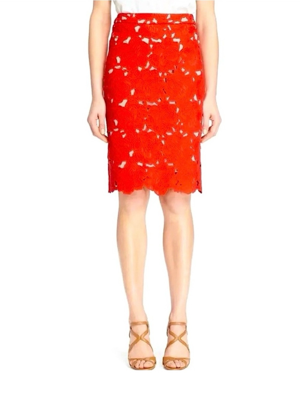 Alice + Olivia Red Floral Lace Pencil Skirt with Scalloped Hem